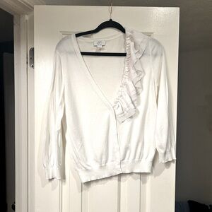 Loft By Ann Taylor 100 % Pima Cotton Cardigan V- Neck Button Down Ruffle Sz M